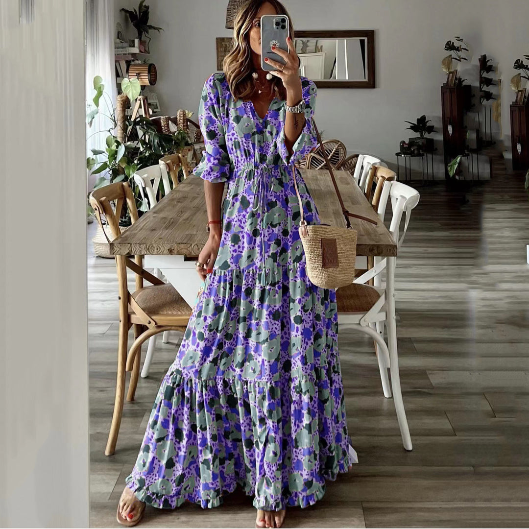 Women’s maxi dress with floral print, V-neck, tiered ruffle and drawstring waist Mune Fashion