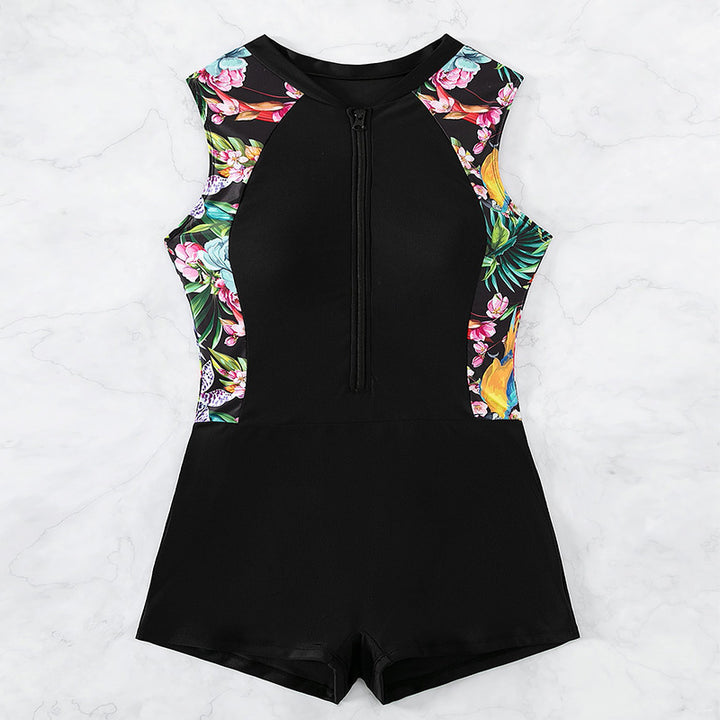 Ladies Stylish Swimsuit with Floral Pattern and Zipper Mune Fashion