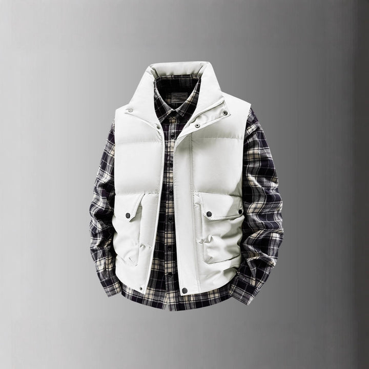 Men's Padded Quilted Vest with Utility Pockets and High Standing Collar Mune Fashion