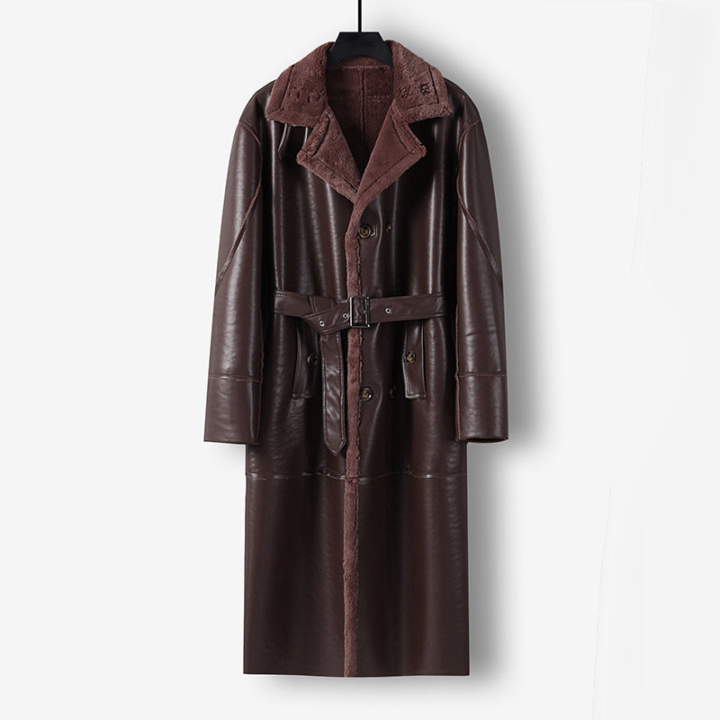 Men's Maxi Long Faux Leather Coat with Teddy Lining and Waist Belt Mune Fashion