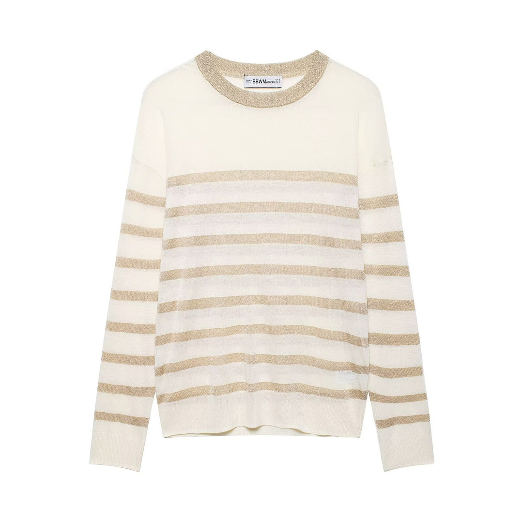 Women’s lightweight striped fine knit sweater with metallic stripes and round neck Mune Fashion
