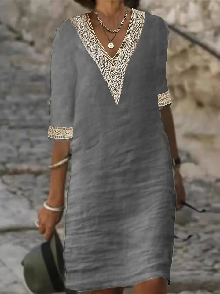 Ladies Linen Look Midi Dress with Crocheted V-Neck and 3/4 Sleeves Mune Fashion