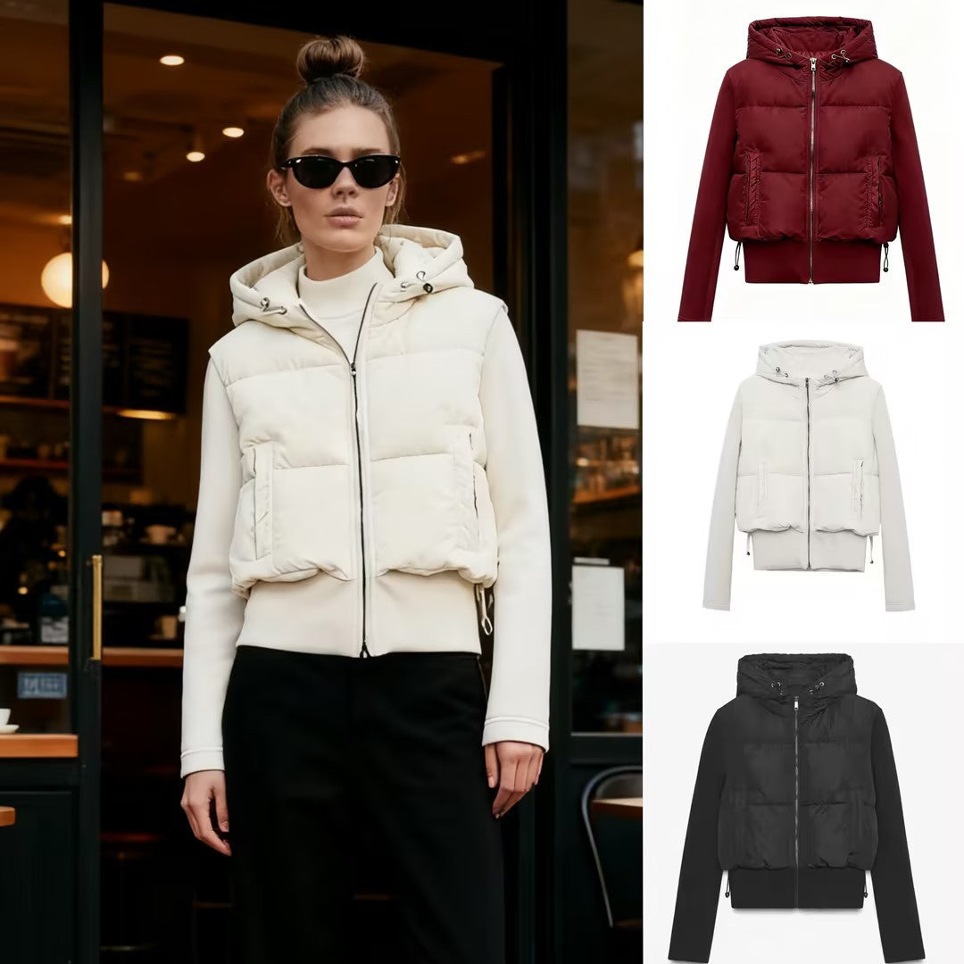 Women's short cut hybrid padded jacket with hood, ribbed cuffs and drawstring Mune Fashion