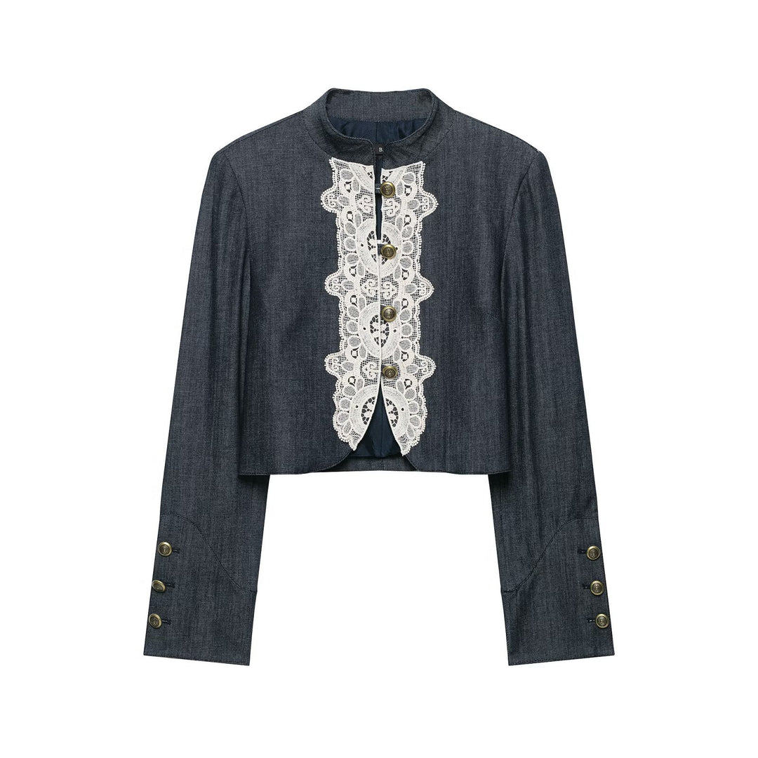 Ladies Bolero-style short jacket in vintage denim style with lace yoke and brass buttons Drune