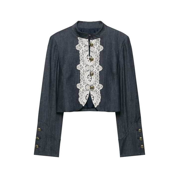 Ladies Bolero-style short jacket in vintage denim style with lace yoke and brass buttons Drune