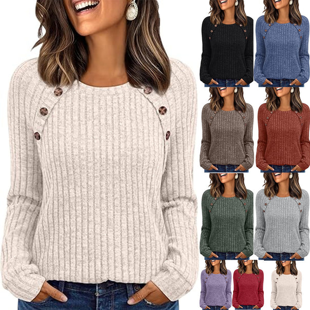Women Ribbed Round Neck Sweater with Decorative Shoulder Buttons Mune Fashion