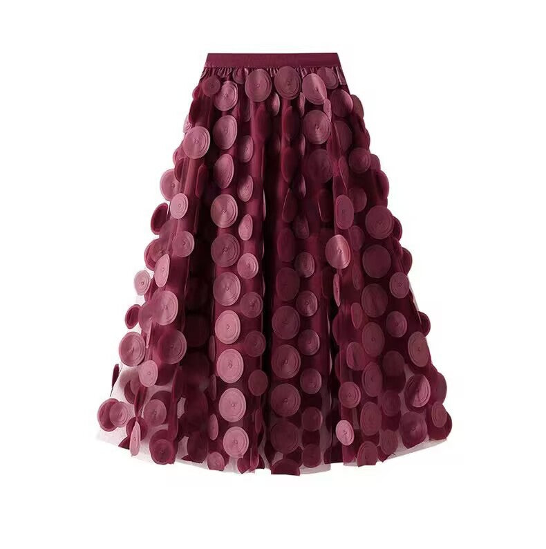 Women's flared midi skirt with transparent 3D appliqués and elastic waistband Mune Fashion