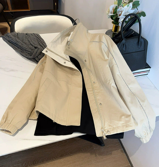 Women's Fashion Transitional Jacket with High Collar and Snap Button Closures Mune Fashion