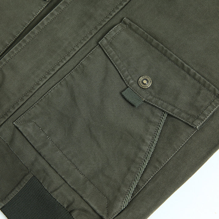Men's Canvas Field Jacket in Bomber Style with Ribbed Cuffs, Flap Pockets, and Printed Inner Lining Mune Fashion