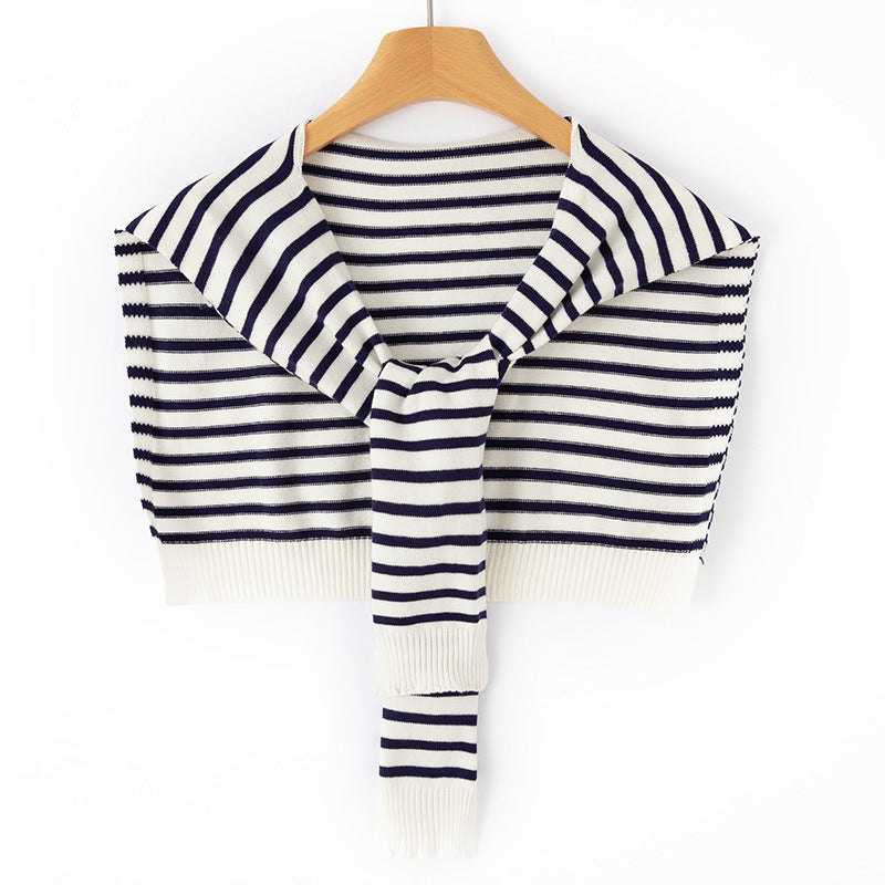 Women's Short Knitted Shoulder Cape to Tie Striped Fine Knit Wrap Stole Mune Fashion