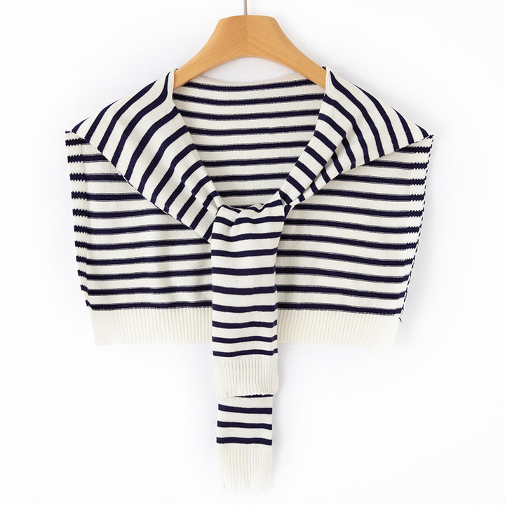 Women's Short Knitted Shoulder Cape to Tie Striped Fine Knit Wrap Stole Mune Fashion