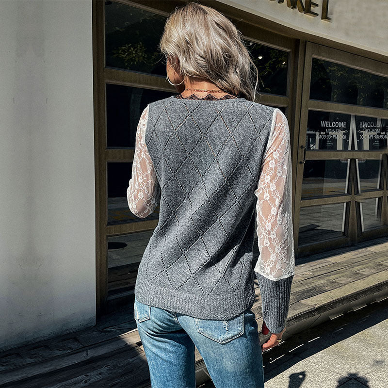 Women's Elegant Knit Sweater with Lace Sleeves Mune Fashion