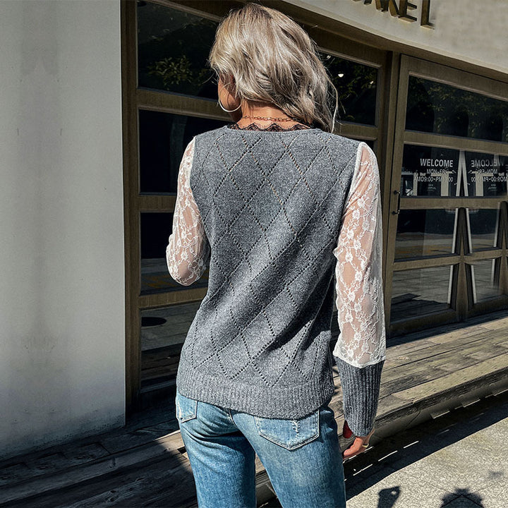 Women's Elegant Knit Sweater with Lace Sleeves Mune Fashion