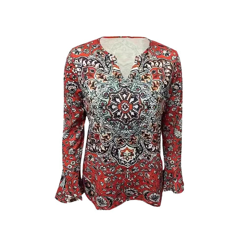 Women's Long Sleeve Blouse with Ornamental Mandala Print and V-Neck