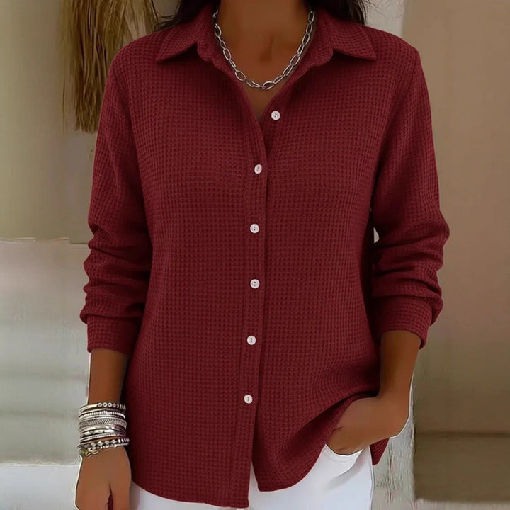 Women's Structured Shirt Blouse in Waffle Knit with Classic Collar and Continuous Button Placket Mune Fashion