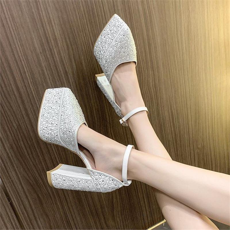 Women’s Platform Block-Heel Sandals with Square Toe Box and Rhinestone Trim Mune Fashion