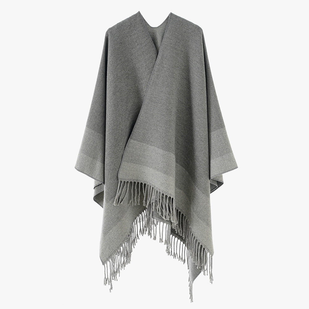 Women Rectangular Wool Blend Poncho Wrap with Open Front and Fine Fringe Hem Mune Fashion