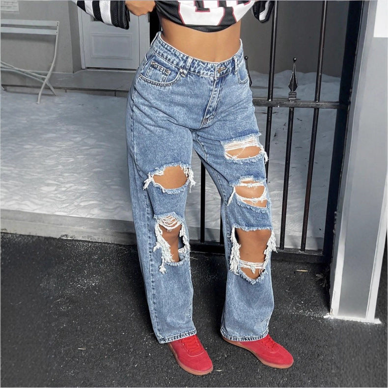 Womens High-Waisted Destroyed Baggy Jeans with Wide Leg and Knee Rips Mune Fashion