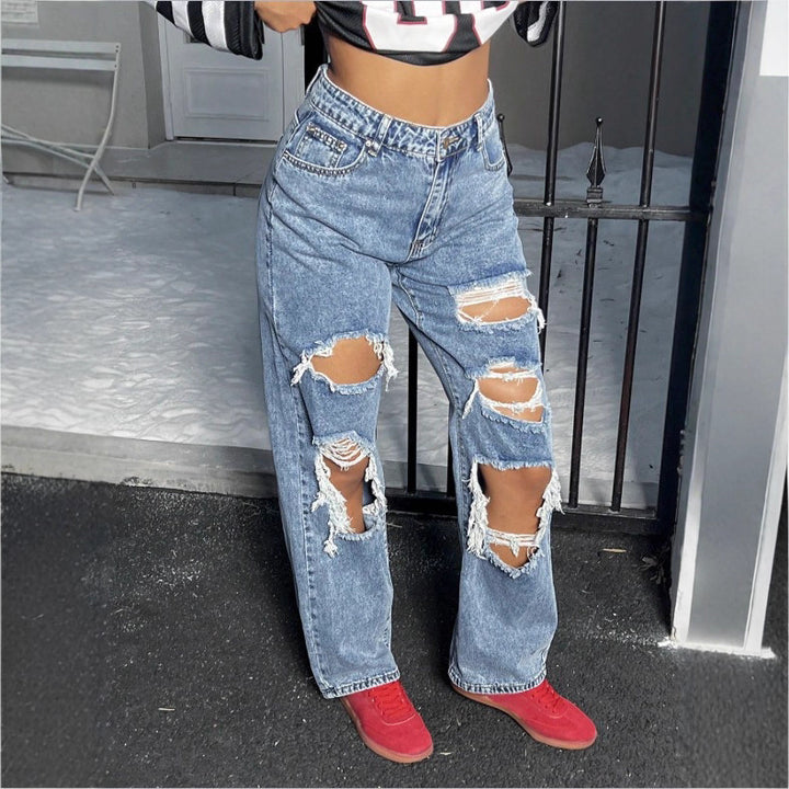 Womens High-Waisted Destroyed Baggy Jeans with Wide Leg and Knee Rips Mune Fashion