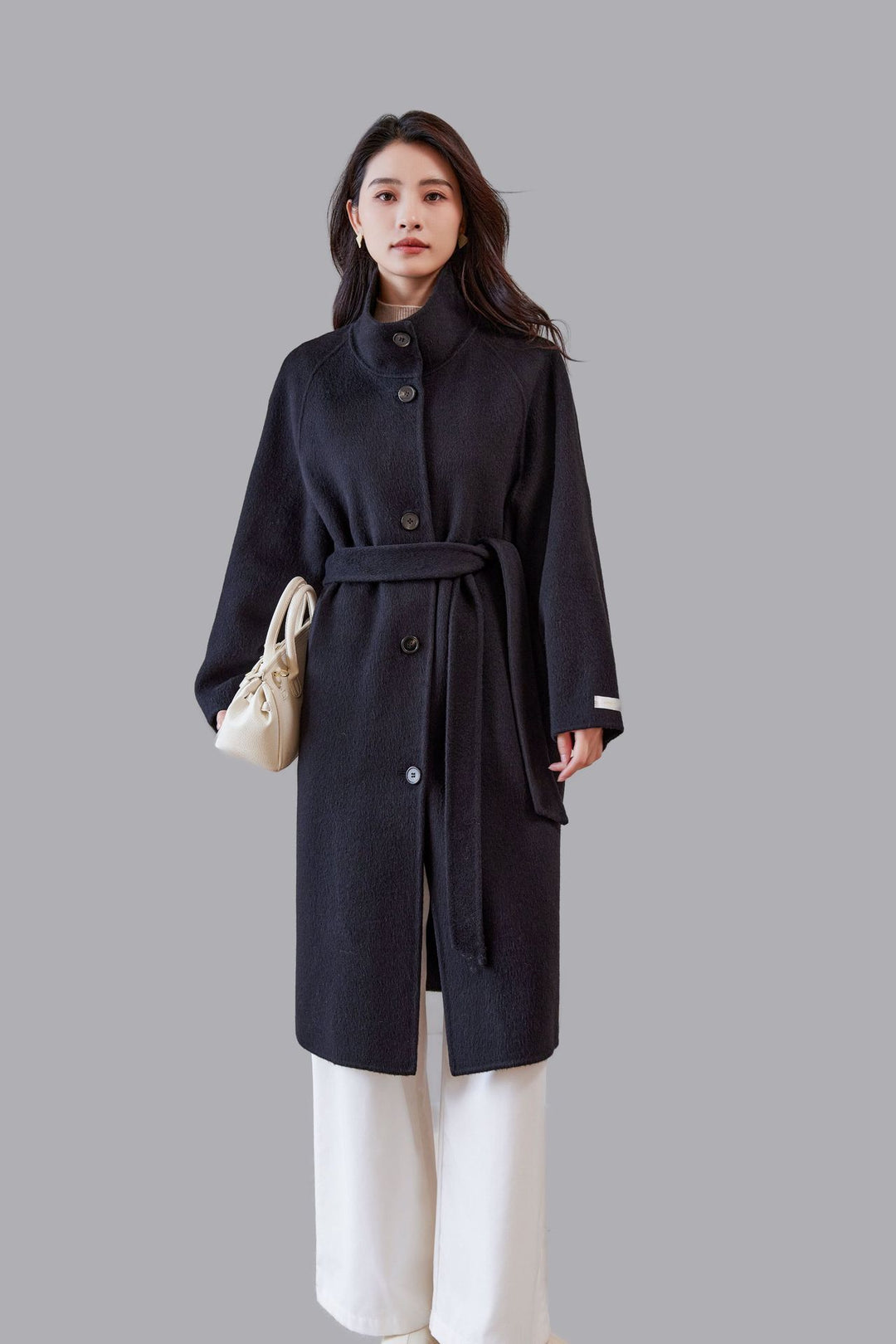Women's Oversized Wool Coat with Stand-up Collar and Waist Belt Mune Fashion