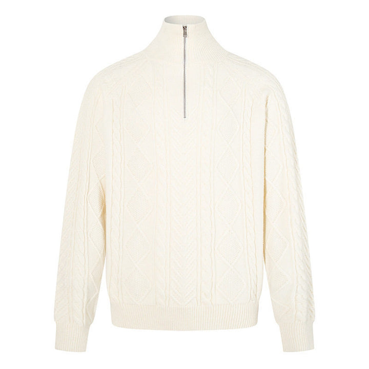 Women's Cable Knit Pullover with Short Zipper and Stand-Up Collar Mune Fashion