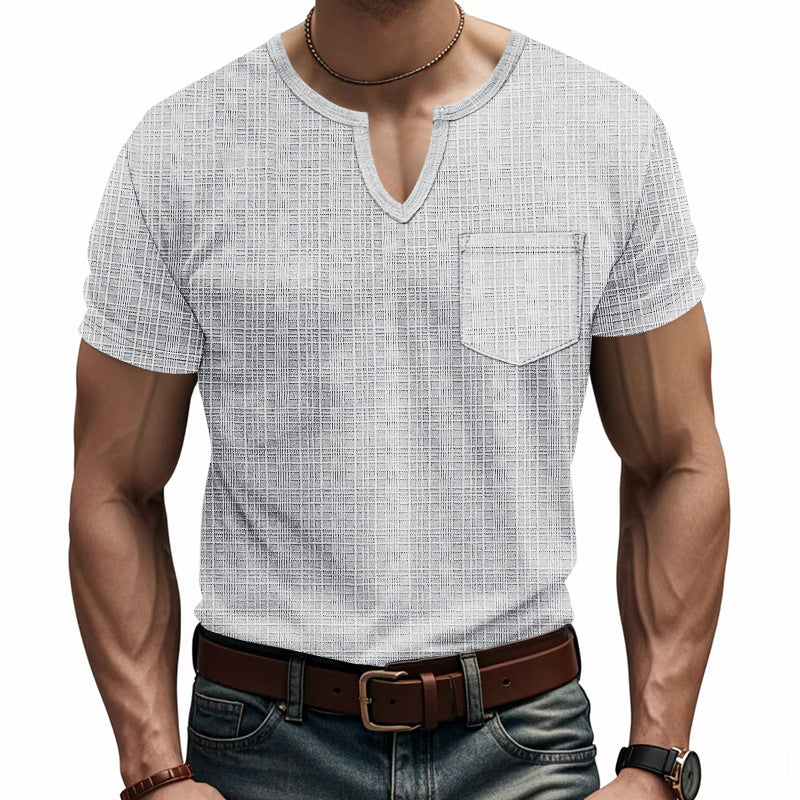 Men's short-sleeve shirt with V-slit neckline and patch chest pocket made of textured jersey Mune Fashion