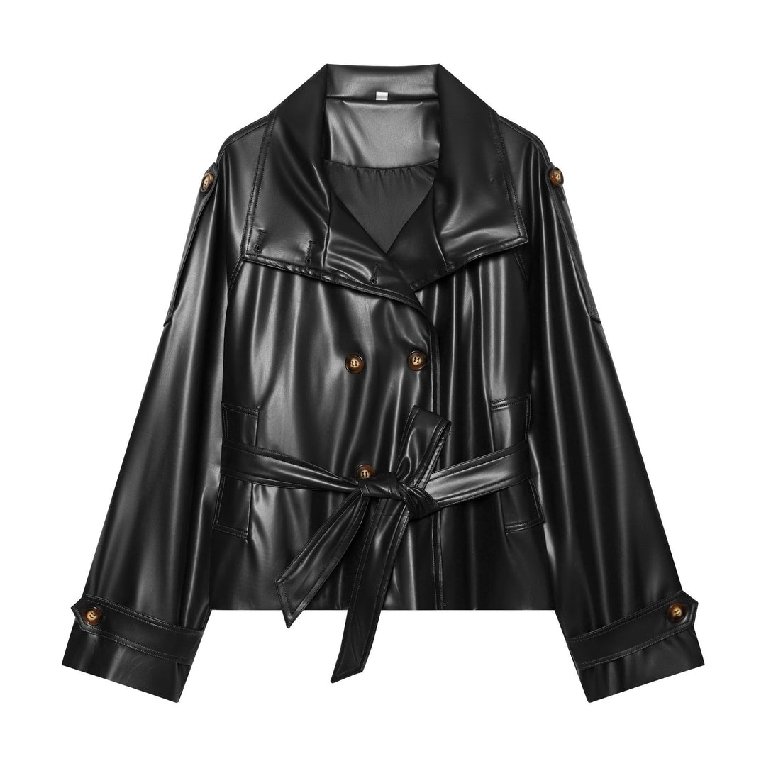 Women's Short Double-Breasted Faux Leather Trench Coat with Waist Belt Mune Fashion