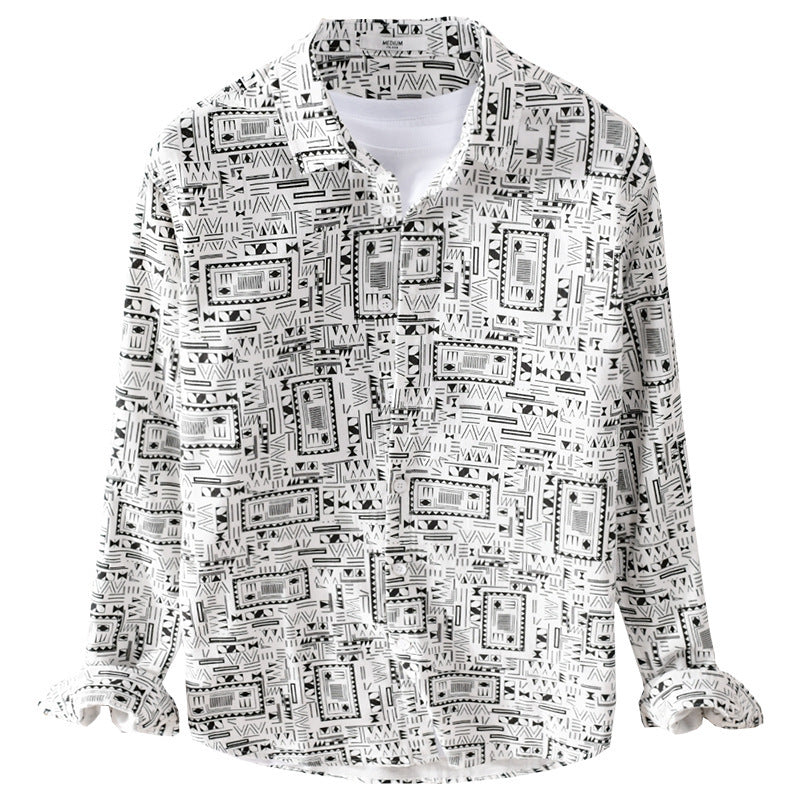 Men's Long Sleeve Shirt in Overshirt Style with Geometric Ethno Print Mune Fashion