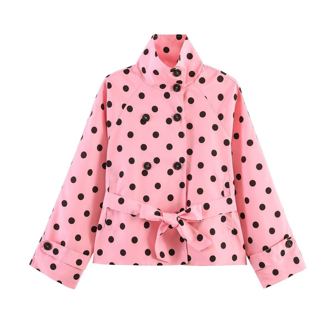 Women's Cropped Polka Dot Trench Coat with Stand Collar, Waist Belt and Double Button Placket Mune Fashion