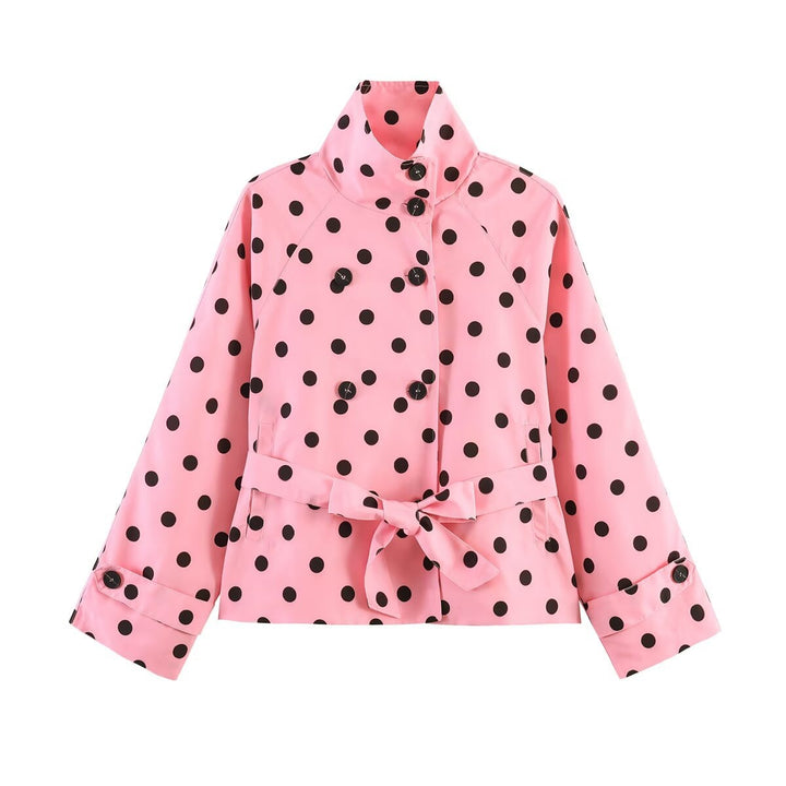 Women's Cropped Polka Dot Trench Coat with Stand Collar, Waist Belt and Double Button Placket Mune Fashion