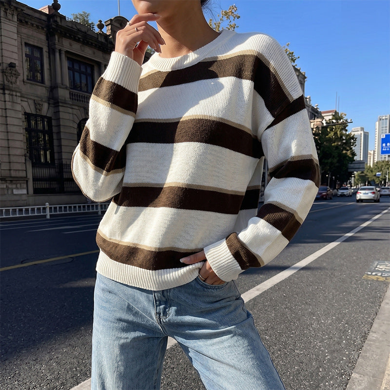 Women's Fashionable Knit Sweater with Stripes Mune Fashion