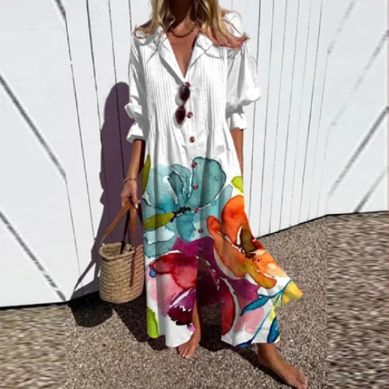 Women Flowing Maxi Dress with Continuous Button Placket V-Neck and Folk Print Mune Fashion