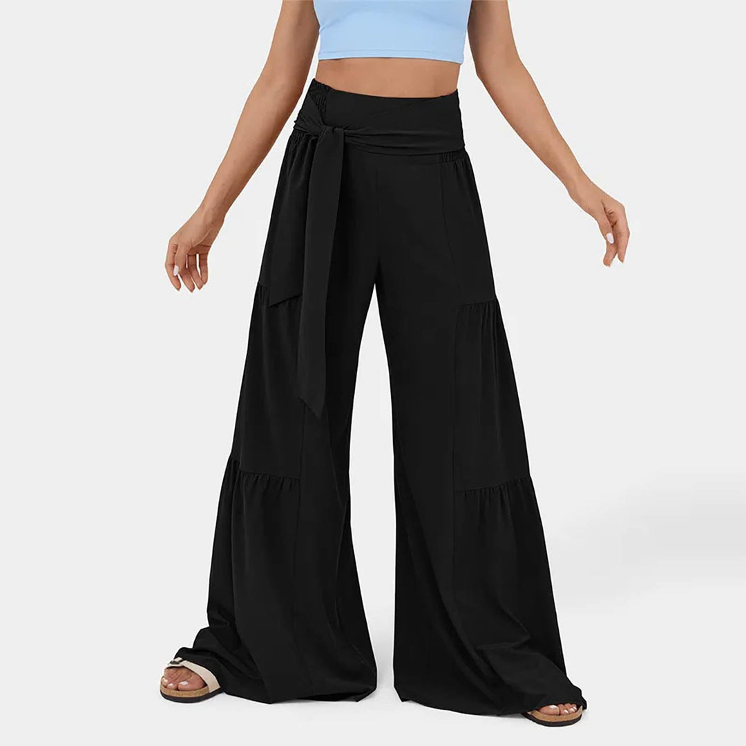Women's wide Palazzo pants with high waist, tieable waistband and tiered hem Mune Fashion