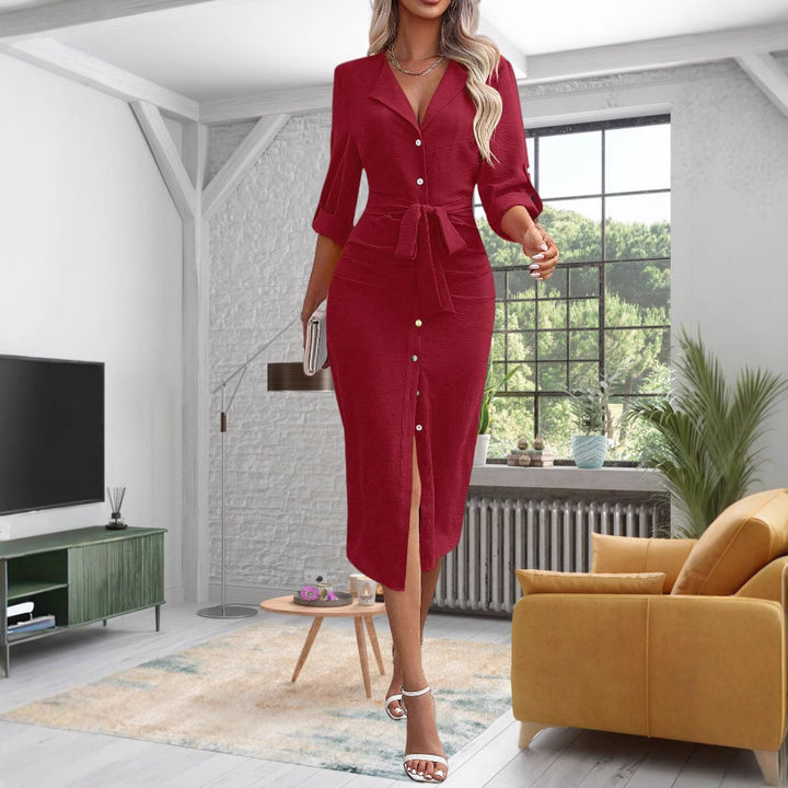 Women's Tailored Shirt Dress made of Crinkle Jersey with Tie Belt and Front Slit Drune