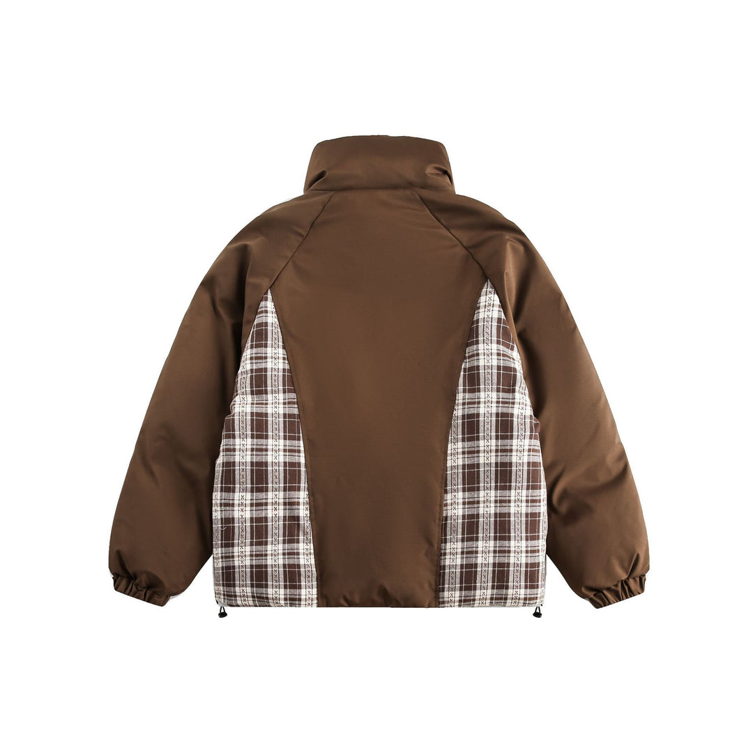Unisex Oversize Stand Collar Puffer Jacket with Checked Insert Panel and Utility Pockets Mune Fashion