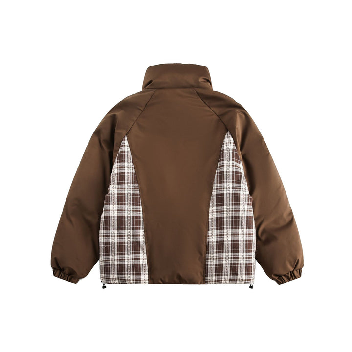 Unisex Oversize Stand Collar Puffer Jacket with Checked Insert Panel and Utility Pockets Mune Fashion