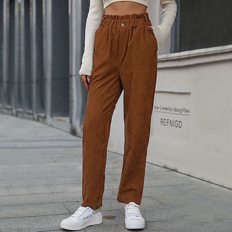 Women Casual Corduroy Pants with High Waist Mune Fashion