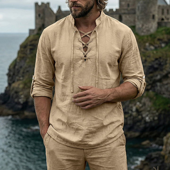 Men's Crinkle Linen Long Sleeve Shirt with Rollable Sleeves Mune Fashion