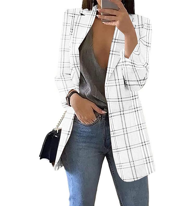 Women's tailored check blazer longline with structured shoulder area and open front Mune Fashion