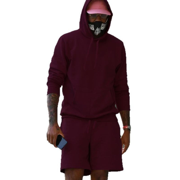 Men's two-piece leisure set hoodie and sweat shorts made of French Terry with kangaroo pocket and drawstring Mune Fashion