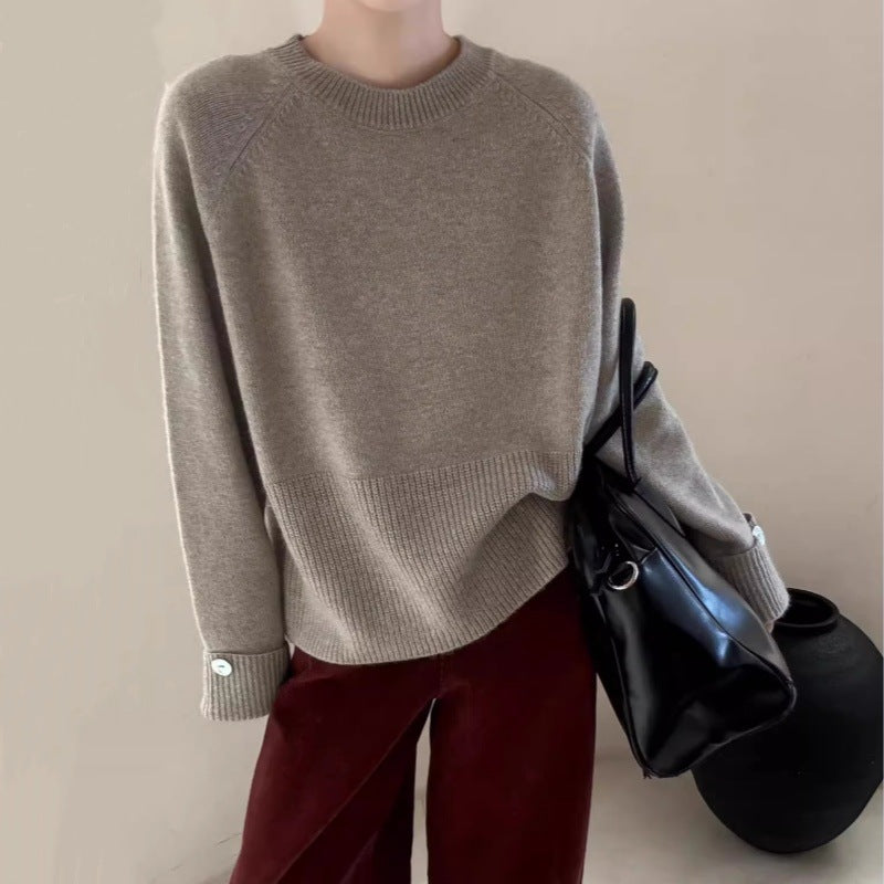 Women's Oversize Crew Neck Sweater with Extended Cuffs and Decorative Button Mune Fashion