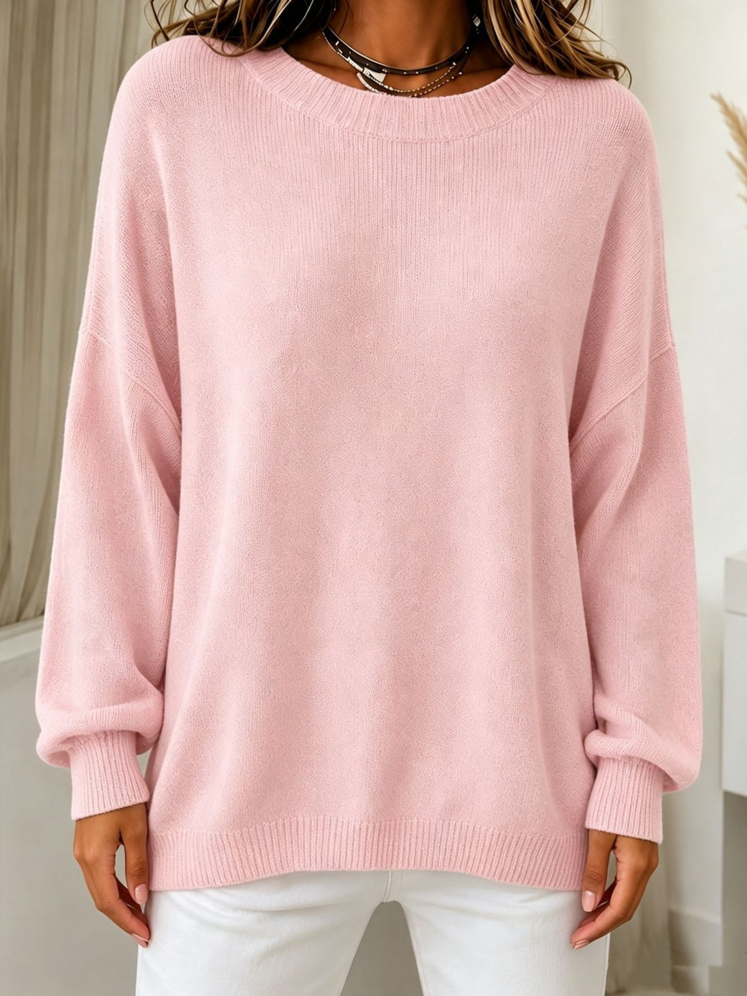 Women Light Cashmere-Touch Sweater with Round Neck, Dropped Shoulder and Ribbed Cuffs Mune Fashion