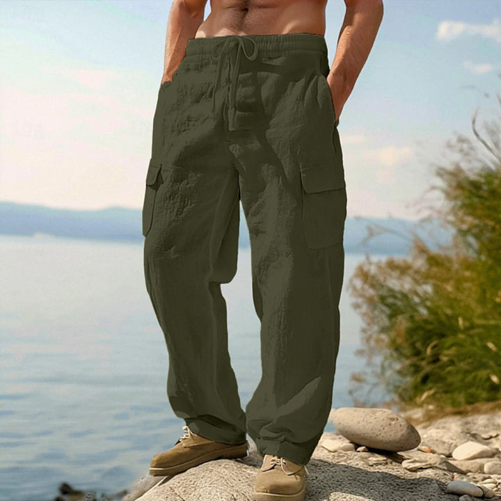 Men's wide casual cargo pants made of linen-cotton blend with elastic waistband, drawstring and large flap pockets Mune Fashion