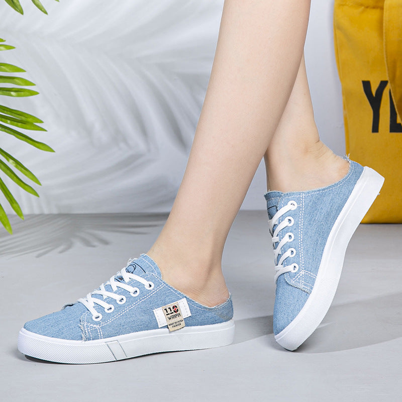 Ladies Backless Denim Slip-On Sneaker with Lacing Detail and Padded Insole Mune Fashion