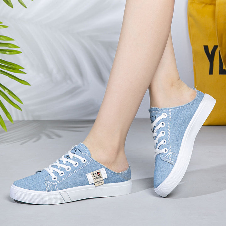 Ladies Backless Denim Slip-On Sneaker with Lacing Detail and Padded Insole Mune Fashion