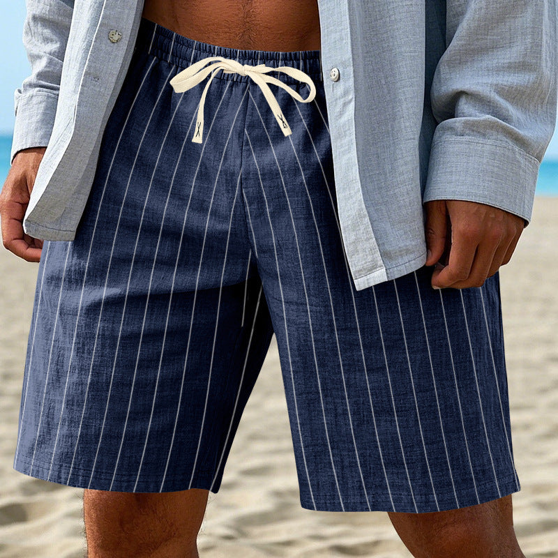 Men's relaxed beach Bermuda shorts with fine pinstripe structure, elastic drawstring waistband, and side slip pockets Mune Fashion