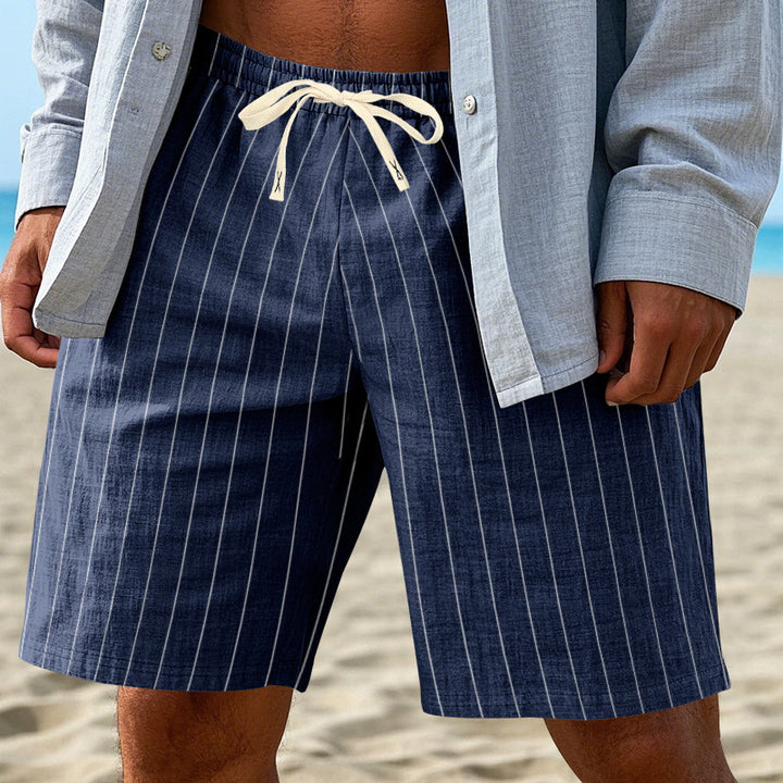 Men's relaxed beach Bermuda shorts with fine pinstripe structure, elastic drawstring waistband, and side slip pockets Mune Fashion