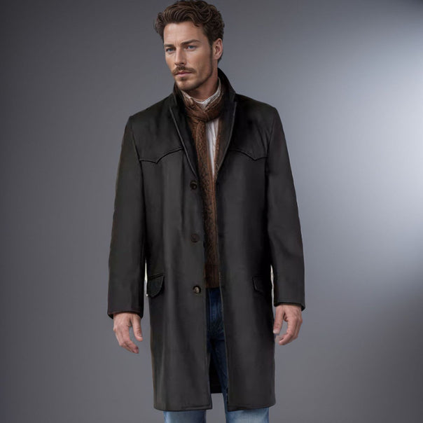 Men's long-cut wool coat with western yoke and flap pockets Mune Fashion