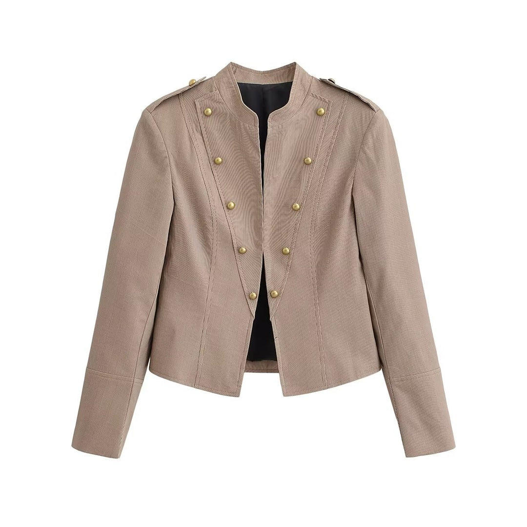 Women's military-inspired fitted short jacket with stand-up collar and decorative button placket Mune Fashion