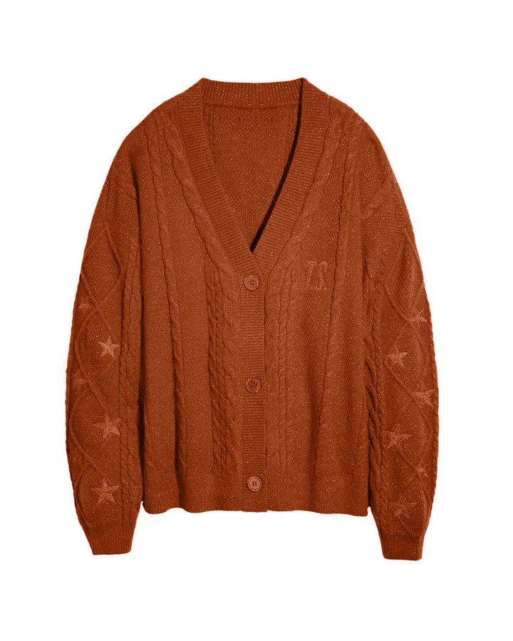 Women's oversized chunky knit cardigan with cable pattern, V-neck and star embroidery Mune Fashion
